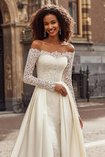 A-Line Ivory Off the Shoulder Lace Appliqued Sweep Train Wedding Dress